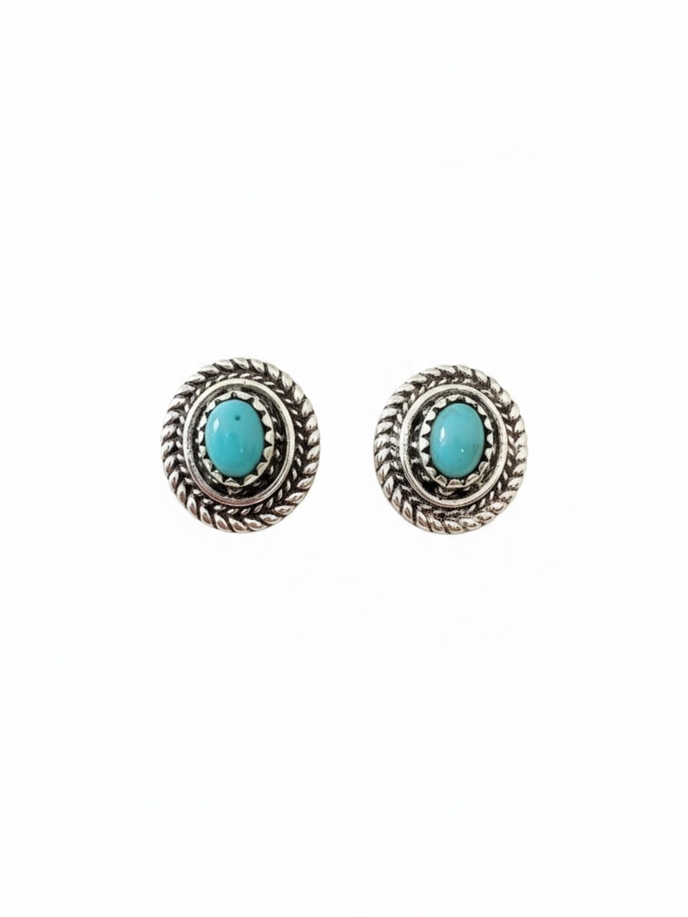 Turquoise Stone Silver Rope Accent Stud Earrings - Women Jewelry